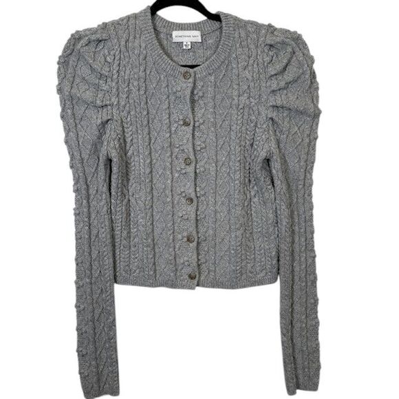 Something Navy Wool Blend Charlie Puff Shoulder Cable Knit Cardigan Gray Small - Picture 5 of 11